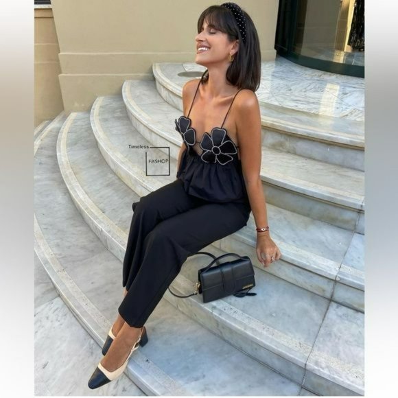 ZARA RHINESTONE FLORAL POPLIN TOP - Picture 4 of 16